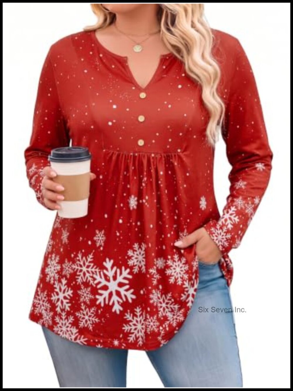 Plus Size Christmas Henley V-Neck Plaid Babydoll Tunic Top Long Sleeve
